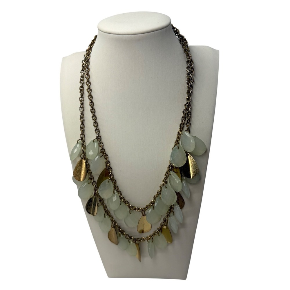 Mint Green Teardrop Layered Statement Necklace Gold Tone Leaf Charms Boho Y2K